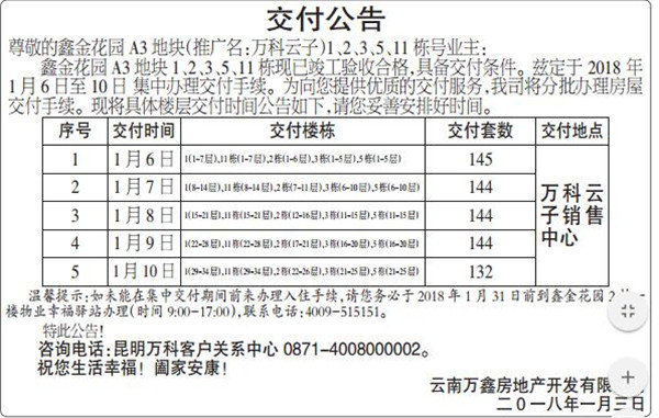 萬科云子交房公告(圖片來源于網絡) 萬科云子交房公告(圖片來源于網絡)