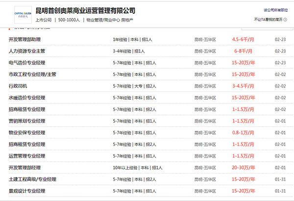 昆明首創奧萊商業運營管理有限公司招聘 昆明首創奧萊商業運營管理有限公司招聘