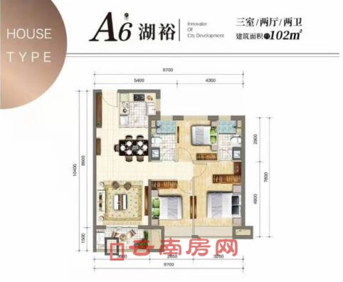 項目面積約102平米的A6戶型 項目面積約102平米的A6戶型