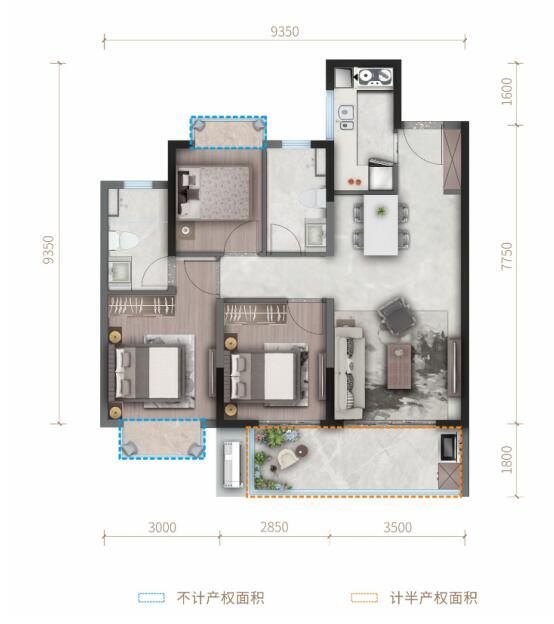 建面約95平米的D戶型 建面約95平米的D戶型