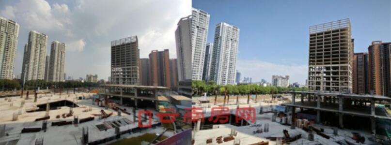 今年2月(左)和7月(右)云南房網拍攝的西山海樂城工地對比 今年2月(左)和7月(右)云南房網拍攝的西山海樂城工地對比