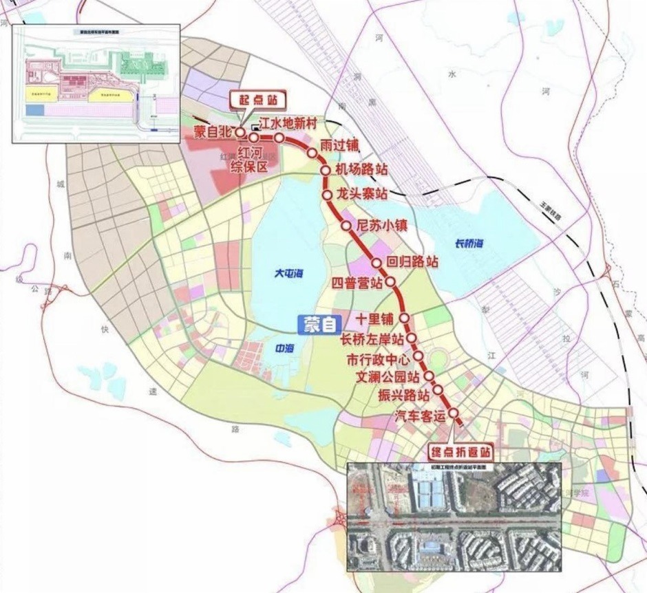 蒙自有軌電車M1線全長13.3公里,設15個站點 蒙自有軌電車M1線全長13.3公里,設15個站點