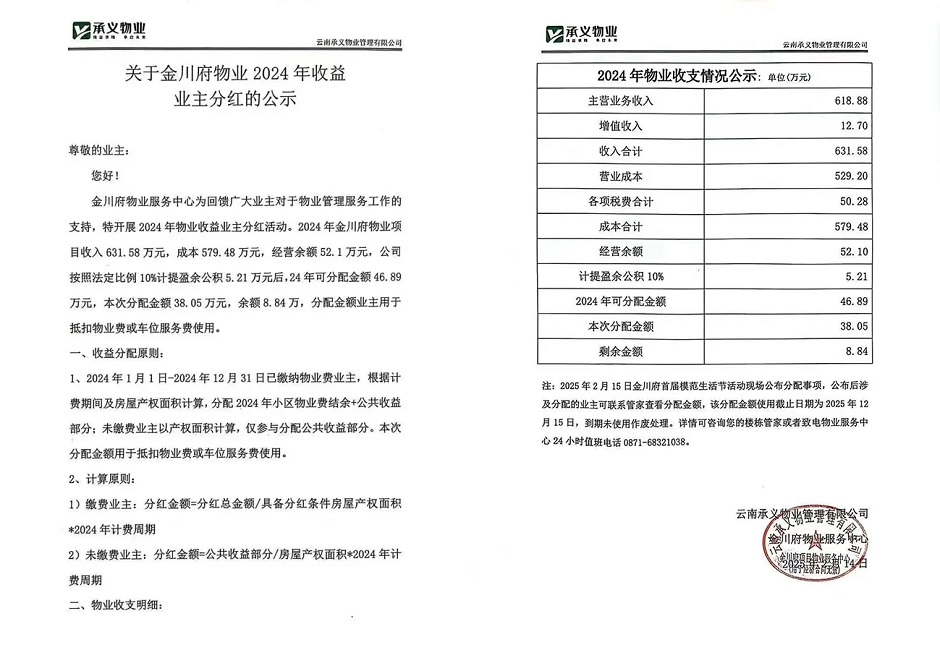 義承金川府物業分紅公示 義承金川府物業分紅公示